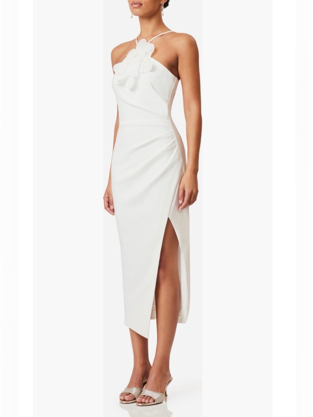 Elliatt Janelle Floral Appliqué Halter Neck Cocktail White Midi Dress Size Large - Picture 3 of 11